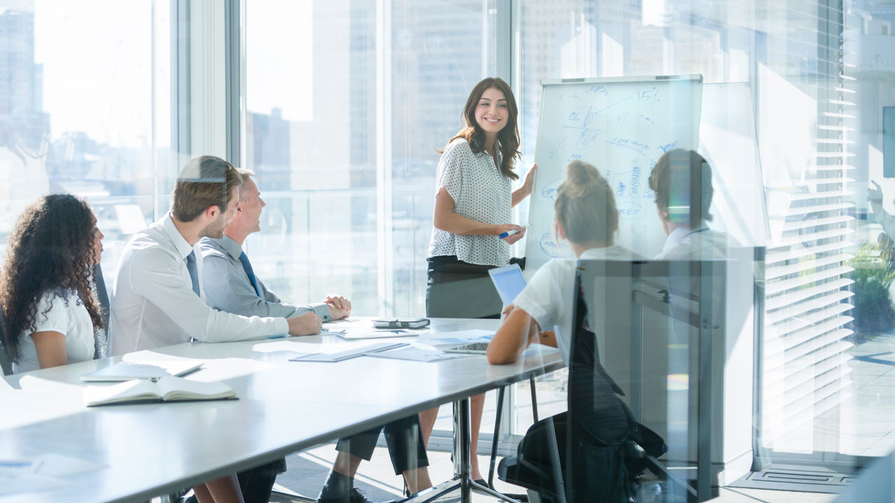 A woman stands next to a paper flip chart while presenting to a diverse group of people in business attire in a room with floor to ceiling windows