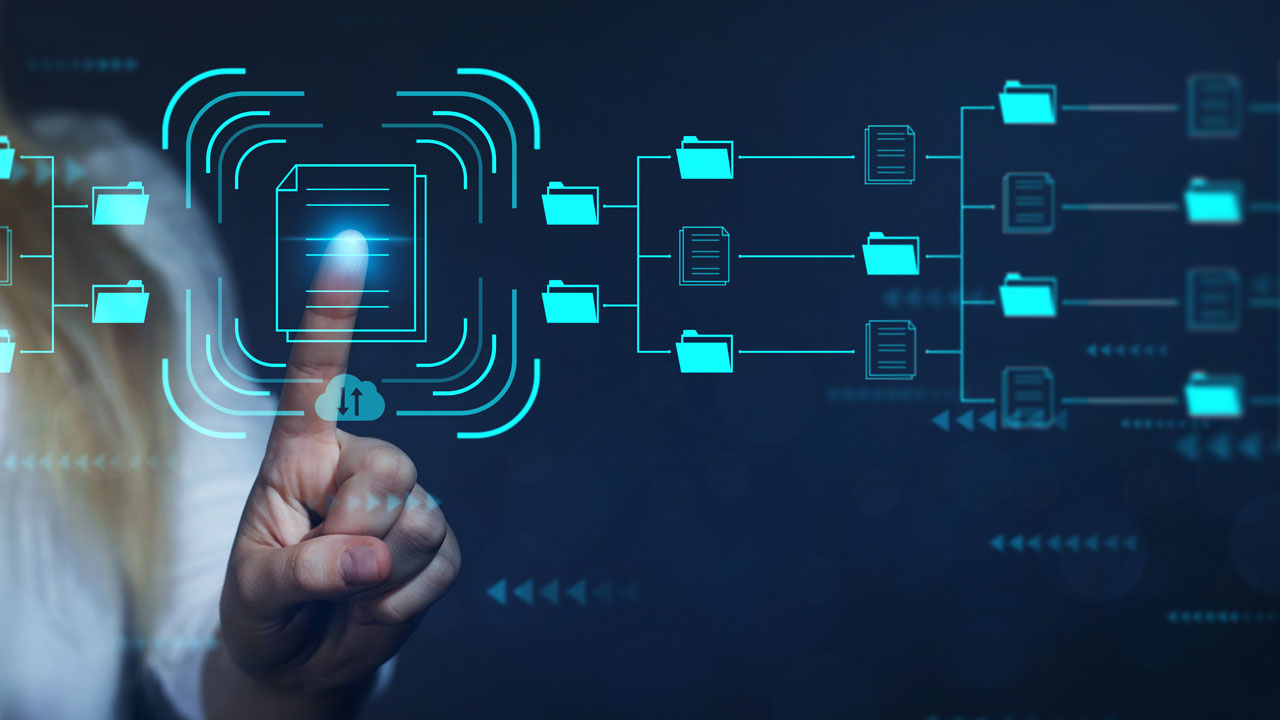 A person pushes their finger against a document in a green digital file structure chart against a deep blue background