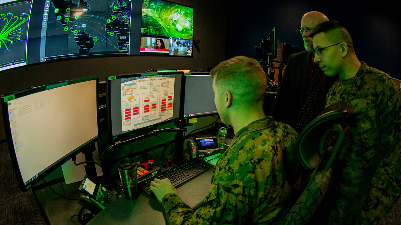 Marines with Marine Corps Forces Cyberspace Command in the cyber operations center in Lasswell Hall at Fort Meade, Md.