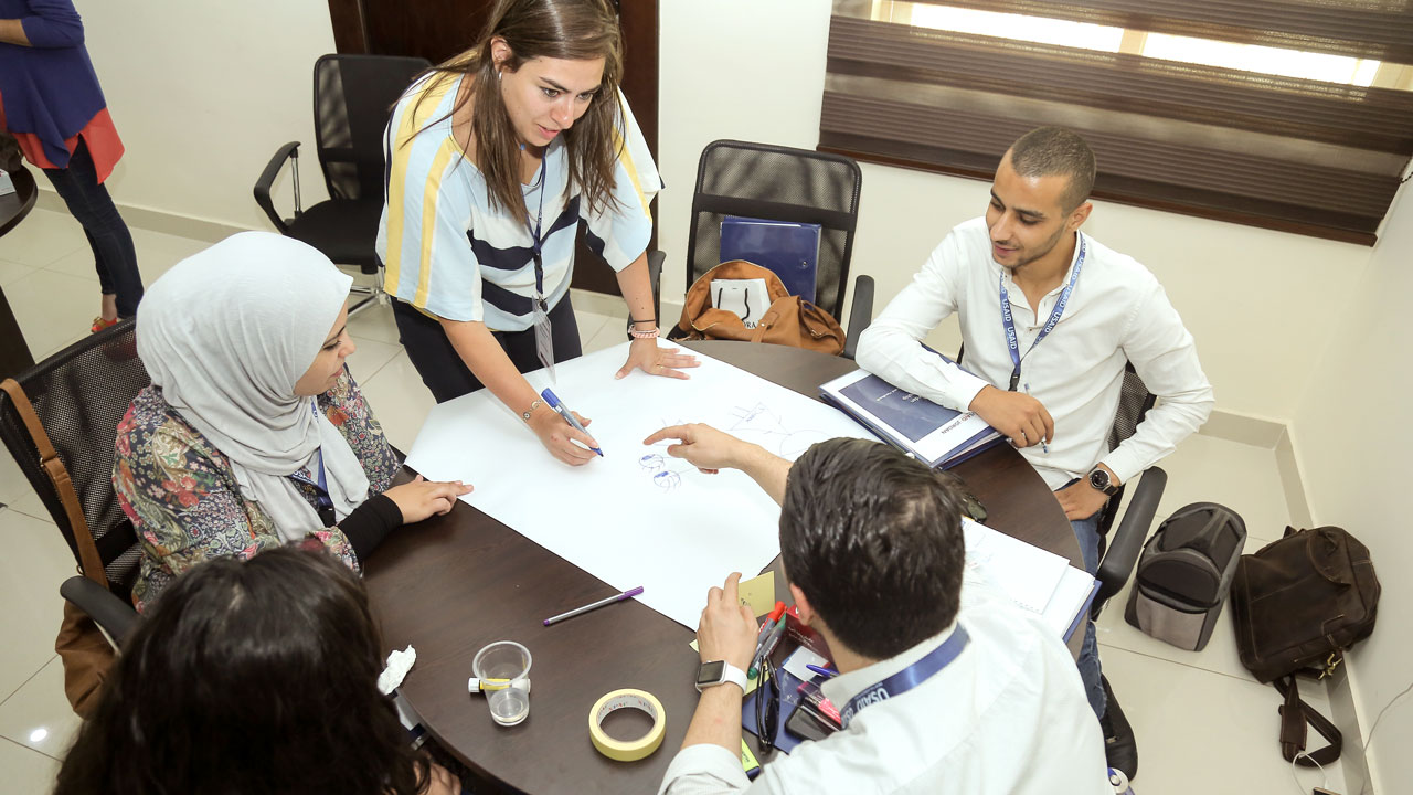 A group of people in Jordan sit around a meeting table marking up a large piece of paper together