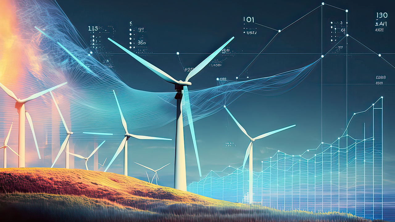 Landscape view of wind farm overlayed with graphs and technical symbols related to markets