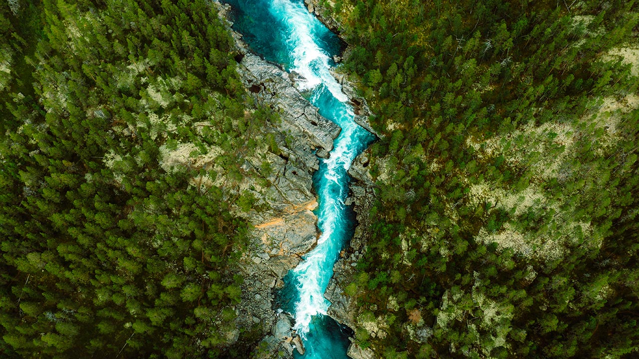 Drone high-angle photo of turquoise-colored mountain river flowing in the pine woodland with a view of the mountain peaks