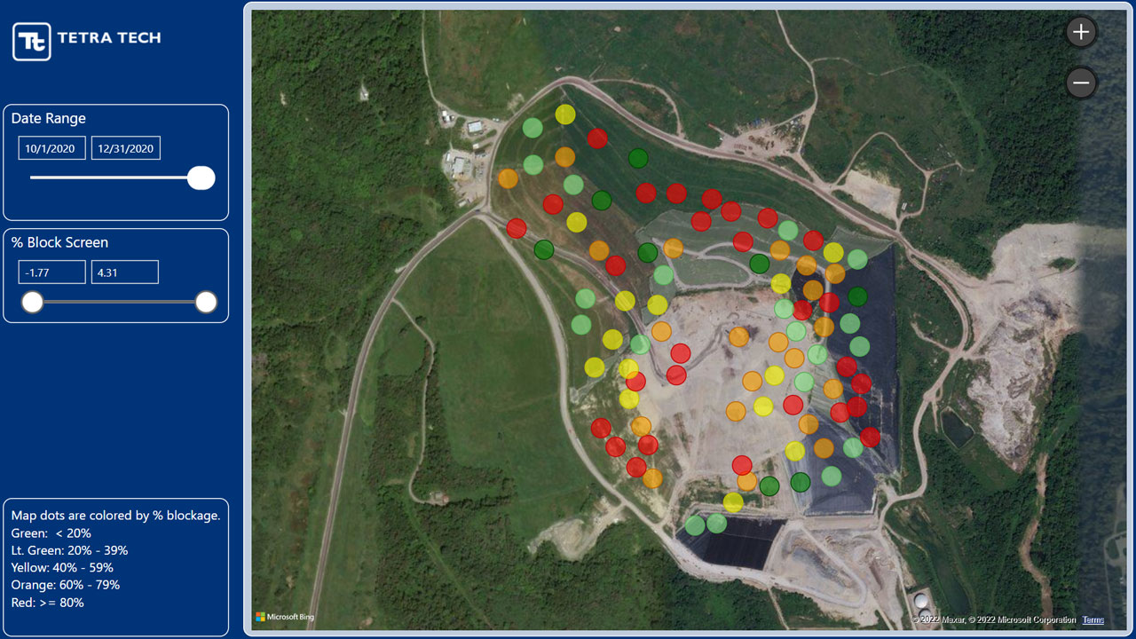 Figure 2: Percent blocked screen map visualization displays any significant spatial pattern of high fluid levels in the landfill