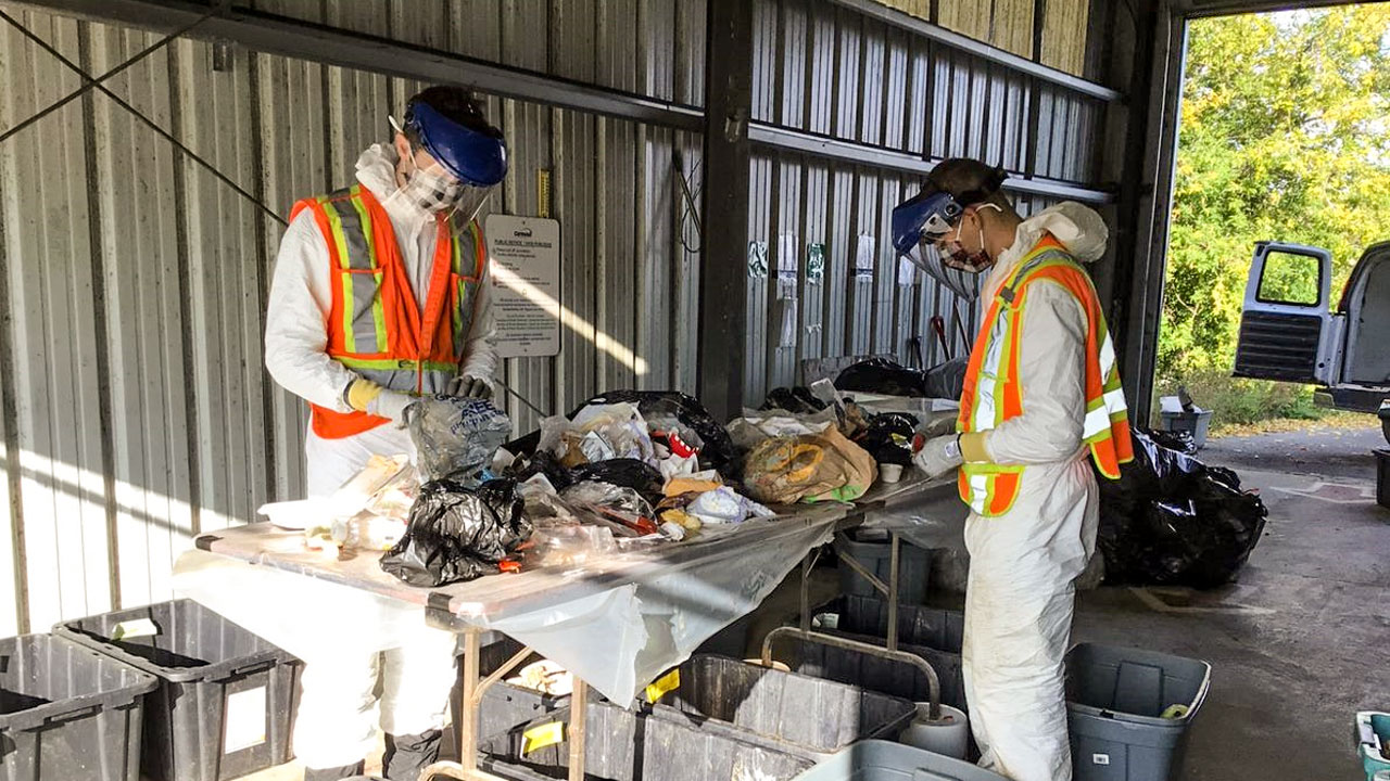 Two workers wearing PPE determining quantity of organic materials in waste stream