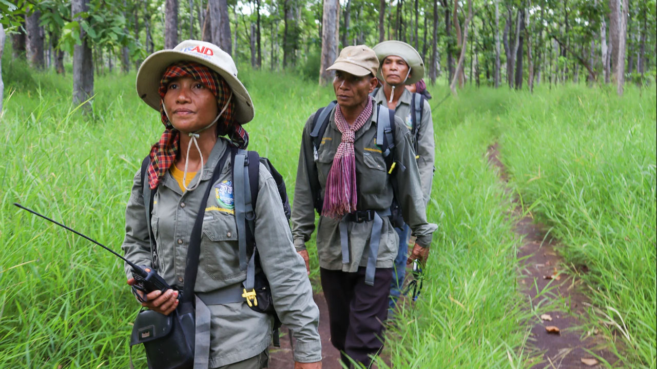 A woman leads a group of people on a forest trail in Cambodia