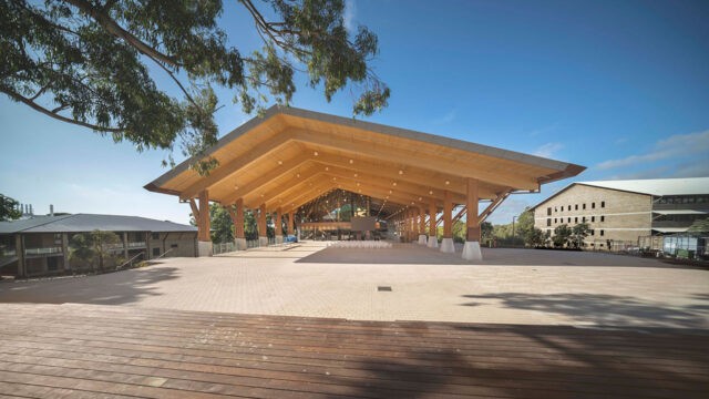 A wide view of the front of the Boola Katitjin Building at Murdoch University, Western Australia