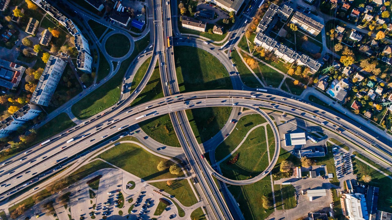 Aerial photo of roadway and interchange