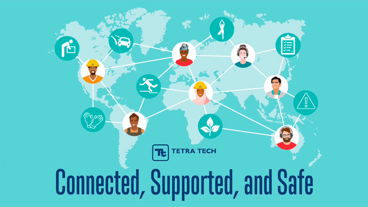 Blue-toned world map with employee and health and safety icons representing Tetra Tech as connected, supported, and safe