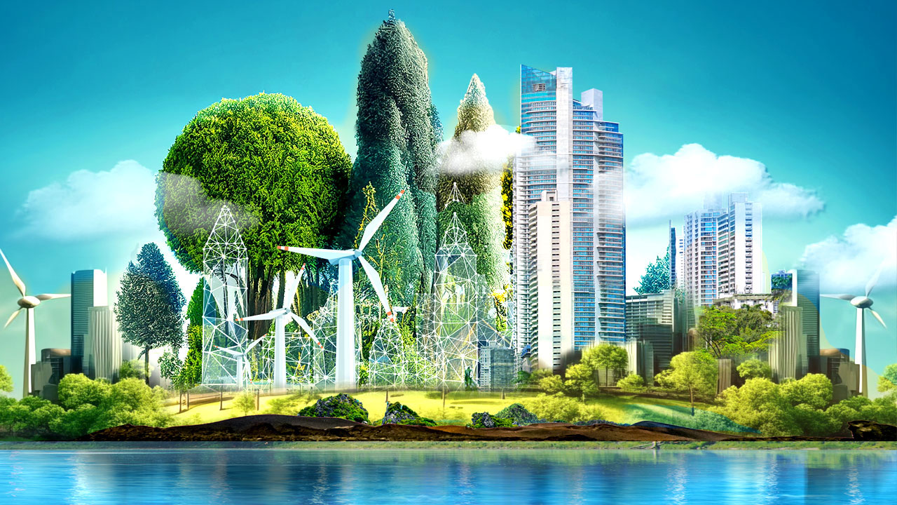 Photo illustration of a city with wind turbines, green space, and water in the foreground and digital connection points creating additional buildings