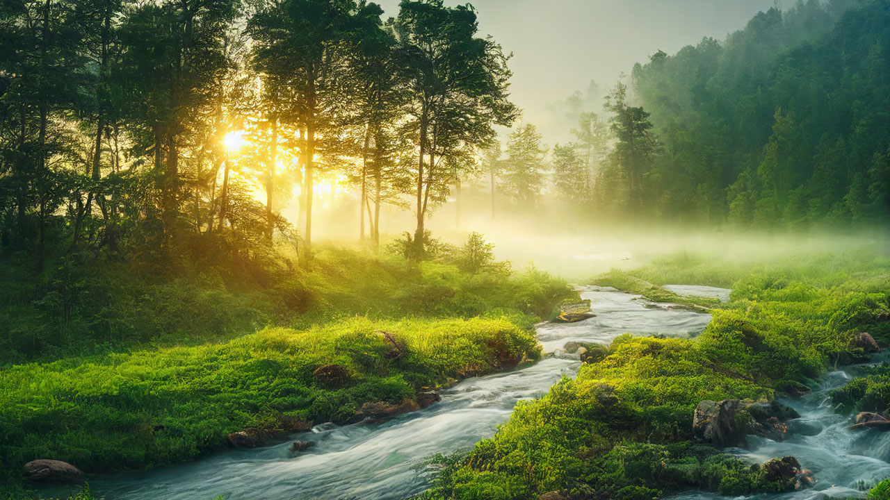 A stream and vegetation-covered rocks and banks in a forest with mist and the sun shining through the trees