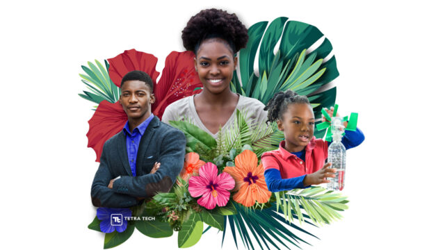 Young, professional Black man, Black woman, and young Black girl playing with a bottle before a floral background