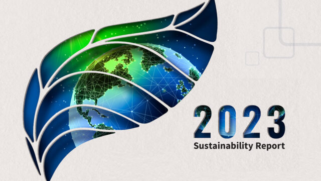 Tetra Tech’s 2023 Sustainability Report cover is a stylized globe framed within a cutout of a leaf