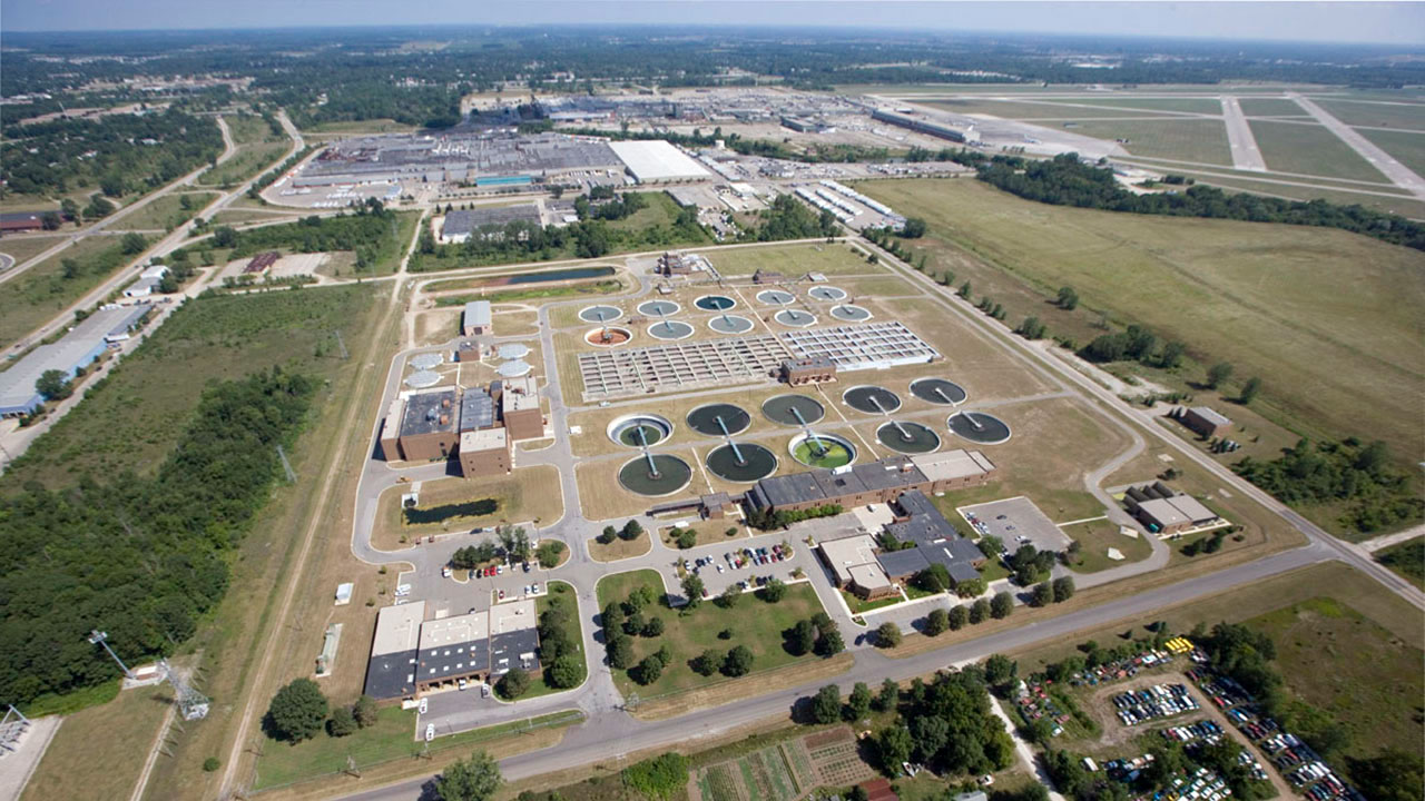 Aerial view of the Wastewater Treatment Plant at Ypsilanti Community Utilities Authority, Michigan