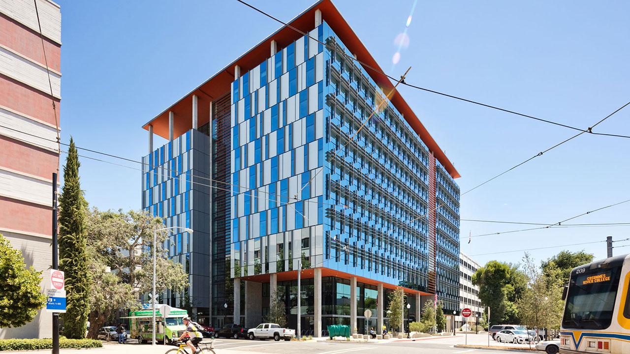 Street view of a modern energy efficient office building