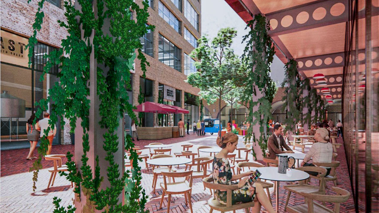 Outdoor seating area of Timber Square 