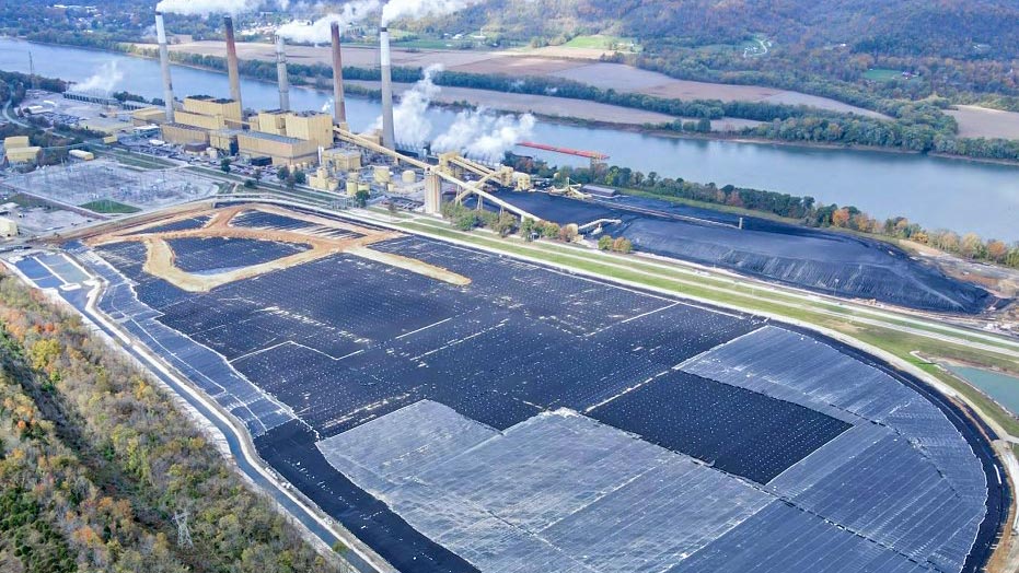 Aerial view of geosynthetic installation around a power plant