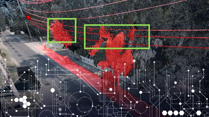 A view of a street with red highlighting of part of the street and trees, showing LiDAR used to provide corridor clearance assessments