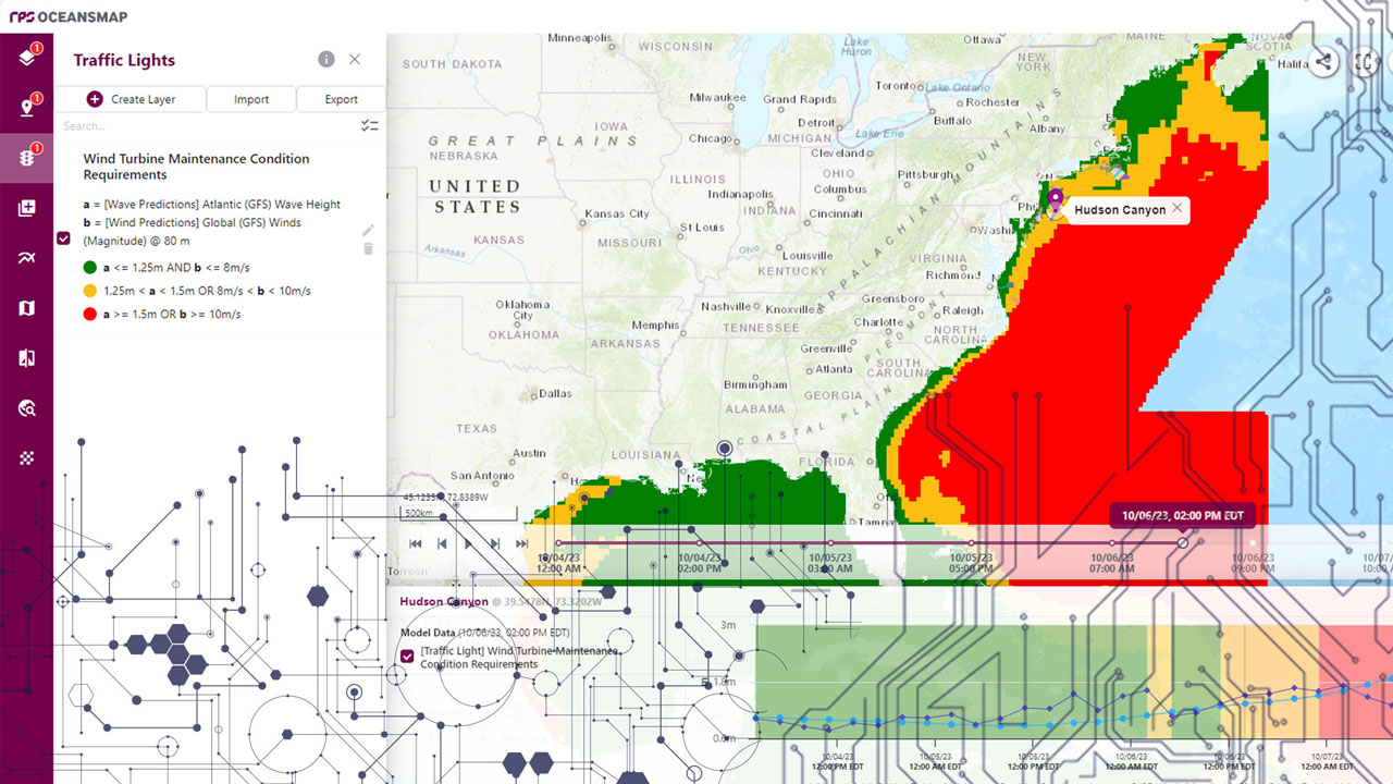 Map generated by OceansMap showing wave and wind predictions to inform offshore wind turbine maintenance requirements