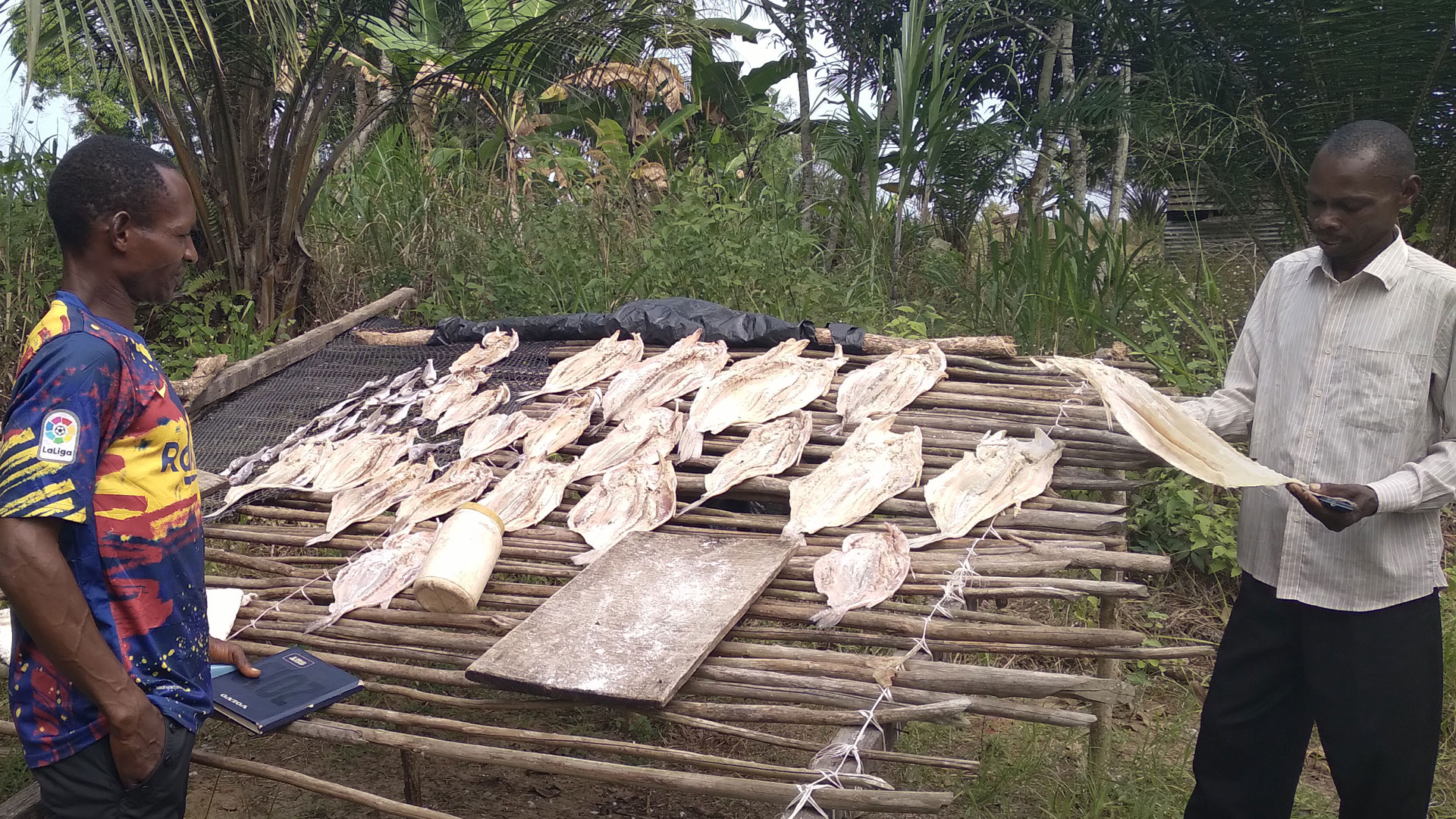Workers dry and salt fish in Mvandji, Republic of Congo