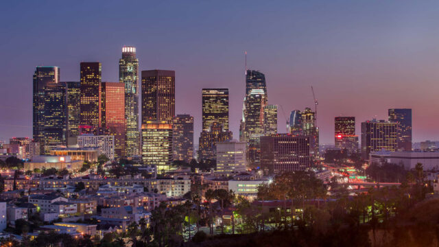 Landscape view of the Los Angeles skyline at sunset