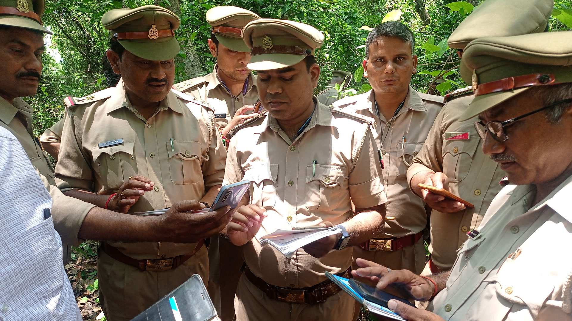 Forest officers viewing the Van System, a mobile app and web portal for forest inventory and ecosystem data collection, on their smartphones
