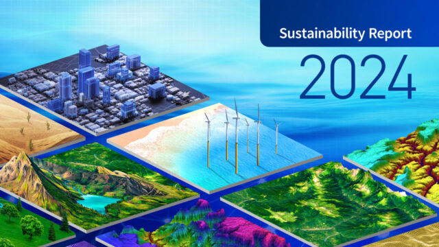 Tetra Tech 2024 Sustainability Report cover with tiles depicting various landscapes, including high tech buildings, offshore wind, and terrain
