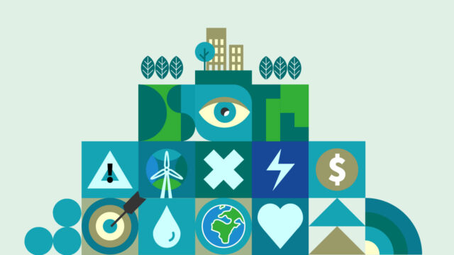 Three rows of solid color blocks stacked in a pyramid shape and a building at the top with an icon in each box representing sustainability