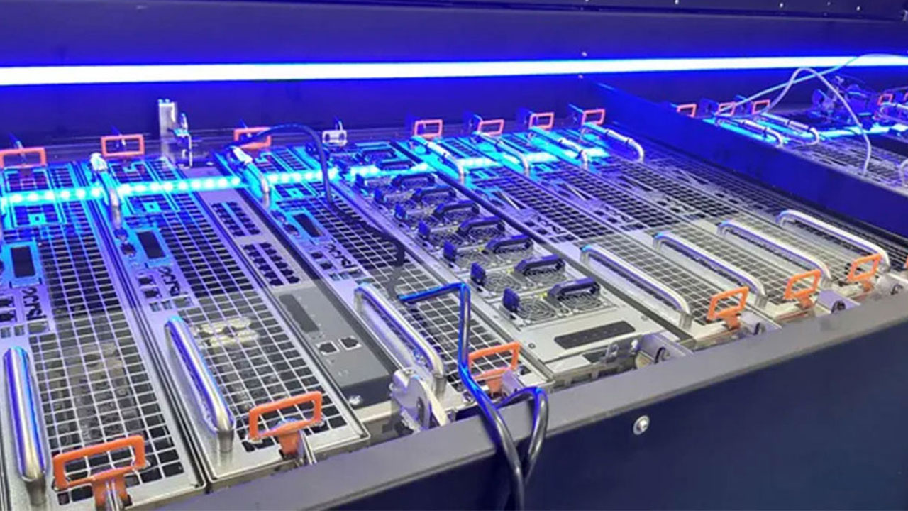 Row of data center servers with liquid cooling