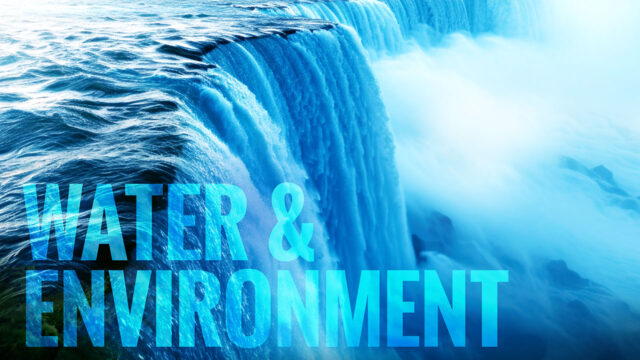 Blue waterfall with "water & environment" text overlay