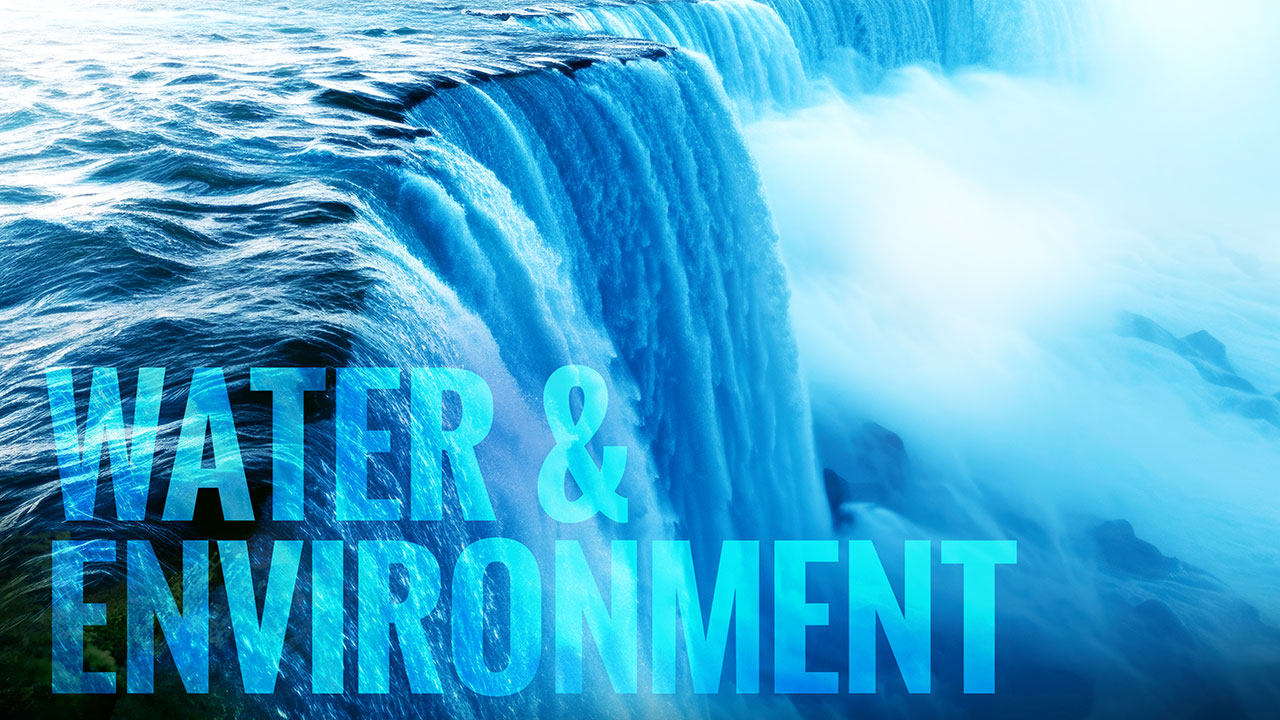 Blue waterfall with "water & environment" text overlay