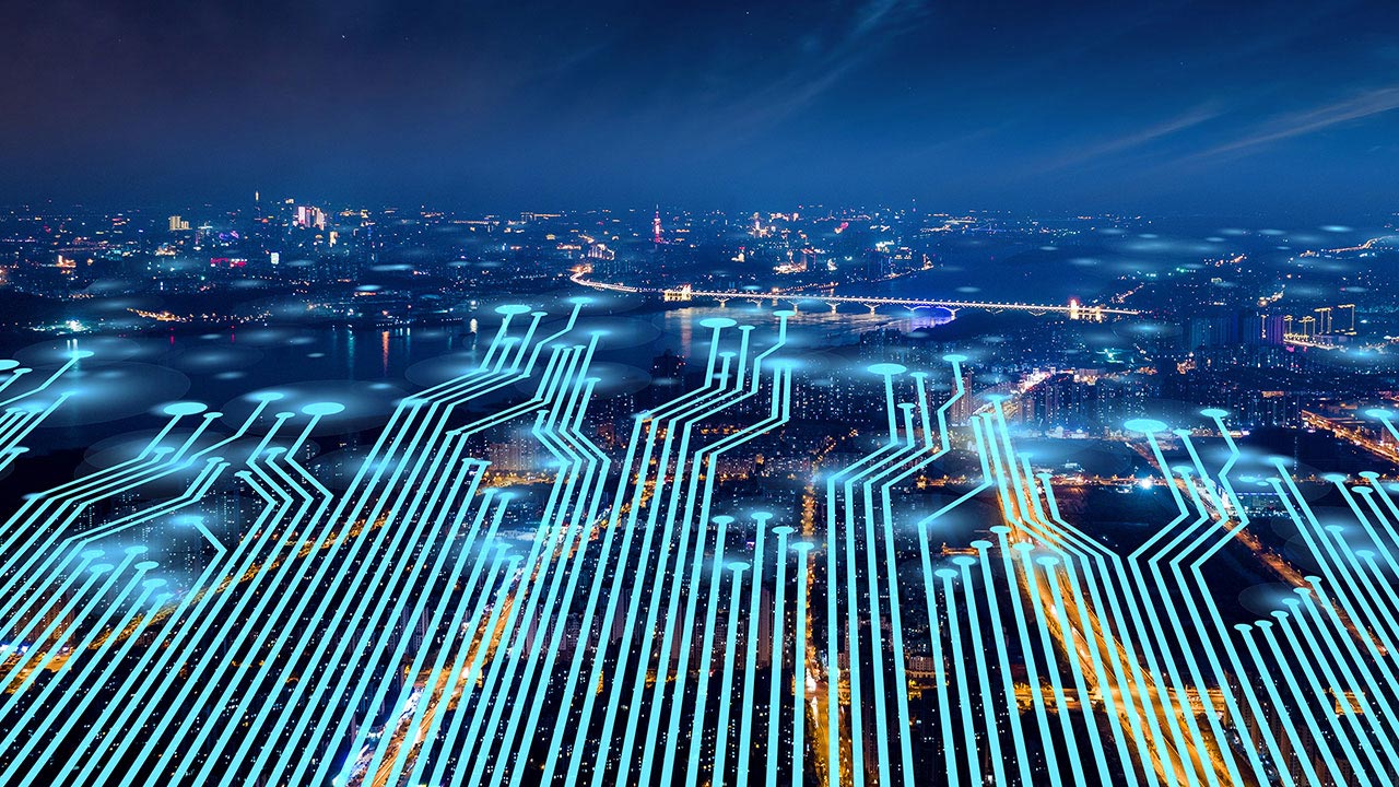 View of a cityscape overlayed with lines depicting wireless network connection