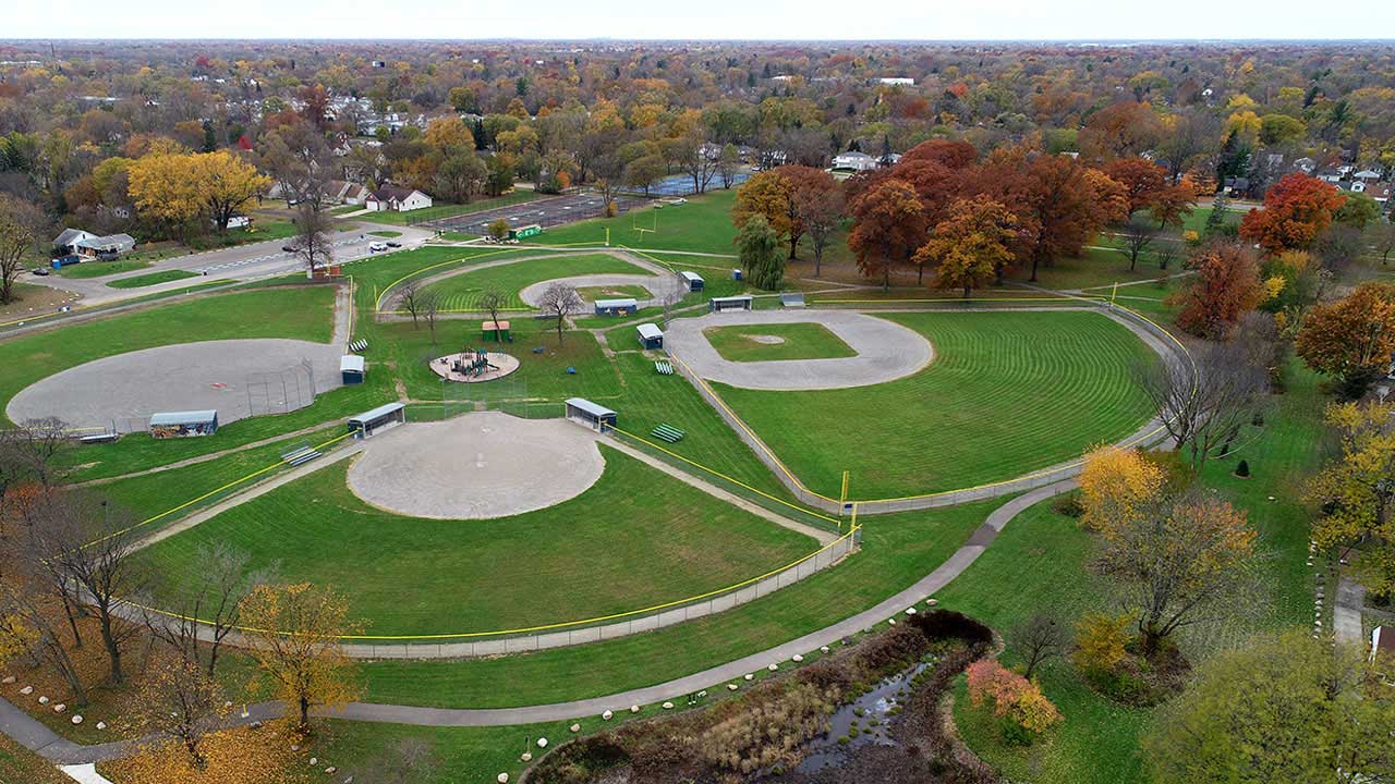 Aerial view of Stoepel Park in Detroit, Michigan, after Tetra Tech provided stormwater management services