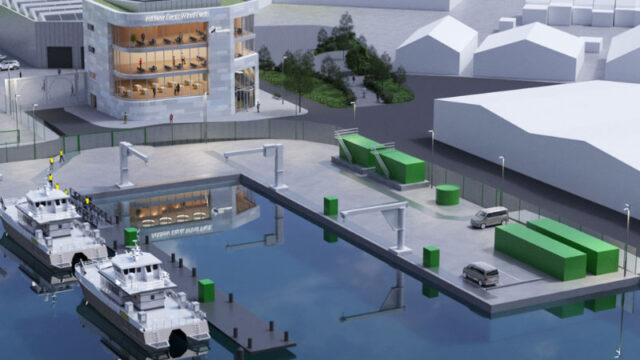 Render image of a multi-storey headquarters on the front of a dock