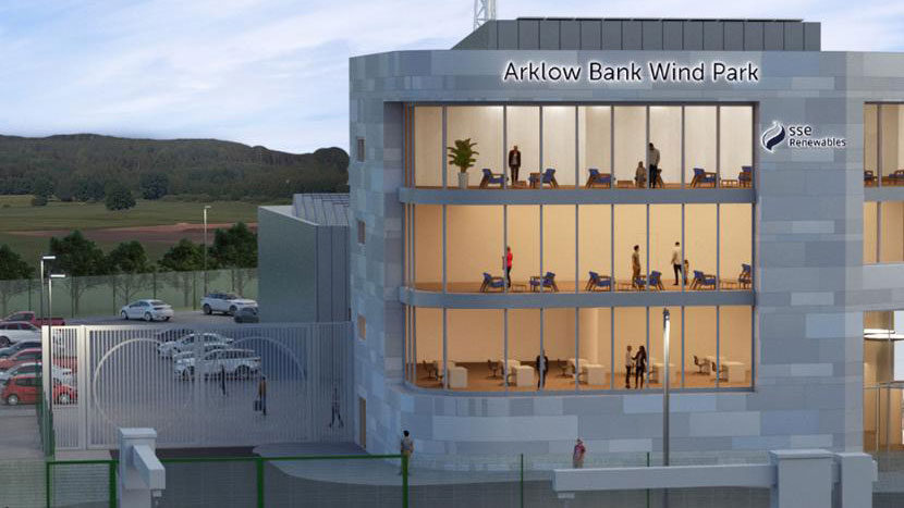 Render image of a multi-storey headquarters on the front of a dock