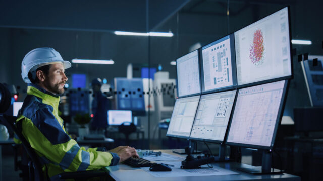 Engineer in a hard hat and high-visibility jacket is focused on multiple computer screens displaying technical data in a dimly lit control room