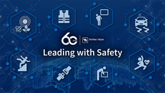 Blue graphic with health and safety icons and the words “Leading with Safety”