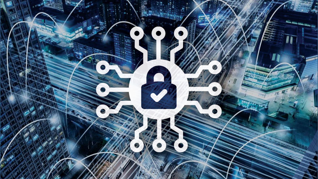 A digital graphic showing a padlock with a checkmark symbolizing cybersecurity over a cityscape at night with connected data lines