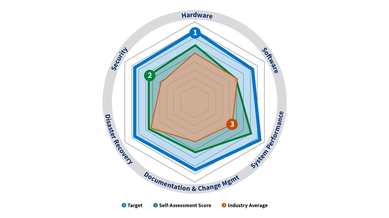 A chart comparing target, self-assessment, and industry average scores across categories like hardware, software, security, and disaster recovery