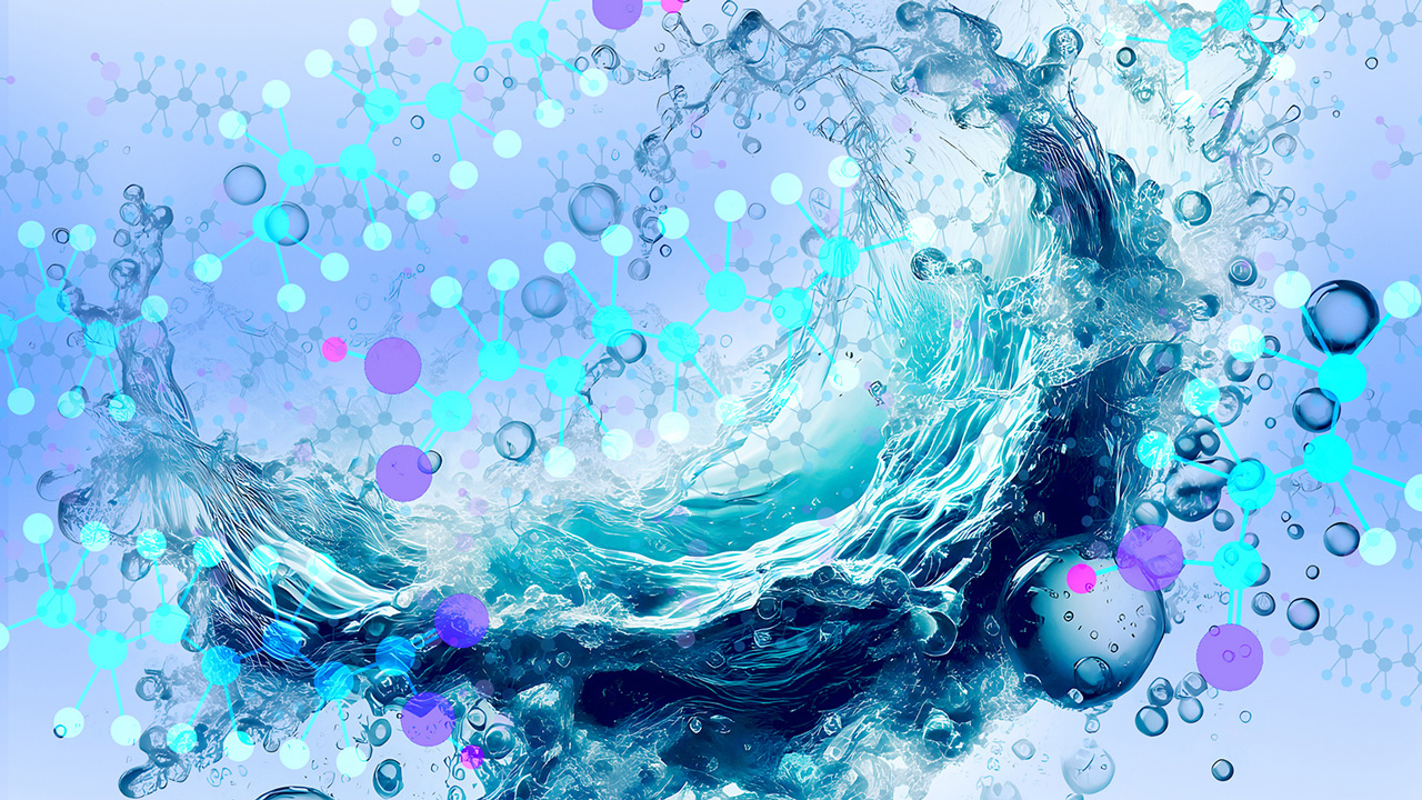 Abstract graphic of splashing water combined with molecular structures and chemical symbols