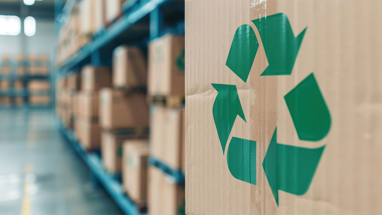 Close-up of a cardboard box with a green recycling symbol in a warehouse aisle filled with stacked shipping cartons