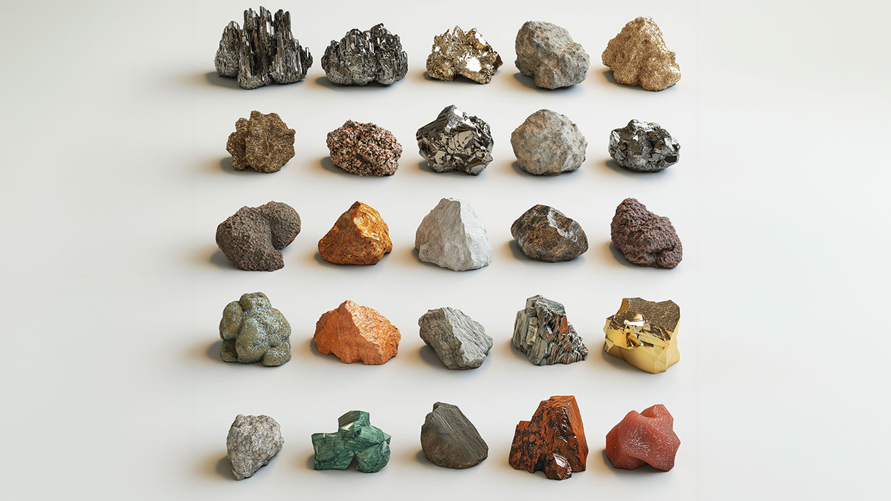 Mineral samples lined up in a row