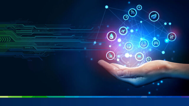Hand holding icons representing digital technology tools and markets
