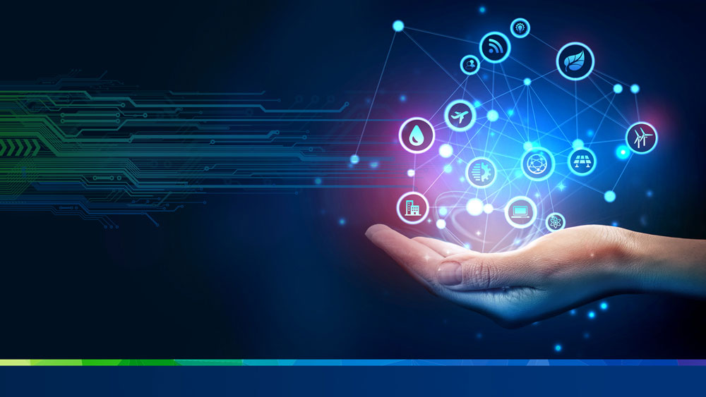 Hand holding icons representing digital technology tools and markets