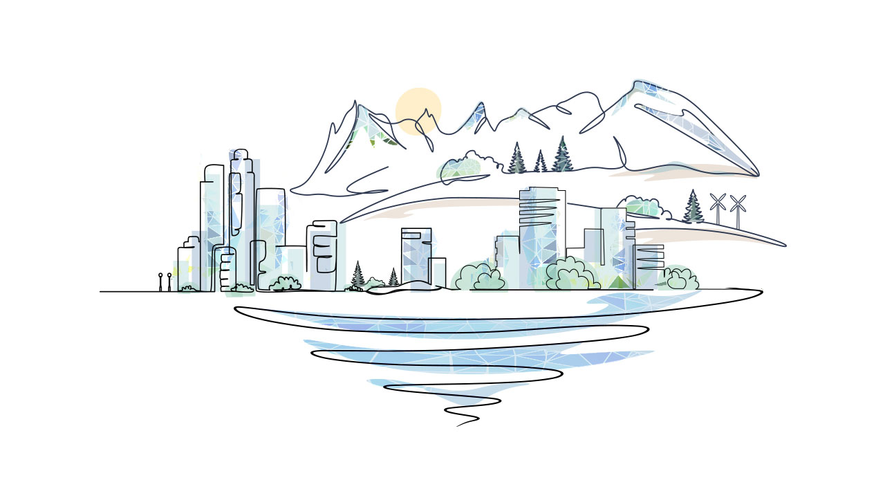 Illustration of a cityscape with mountains in the background and water in the foreground