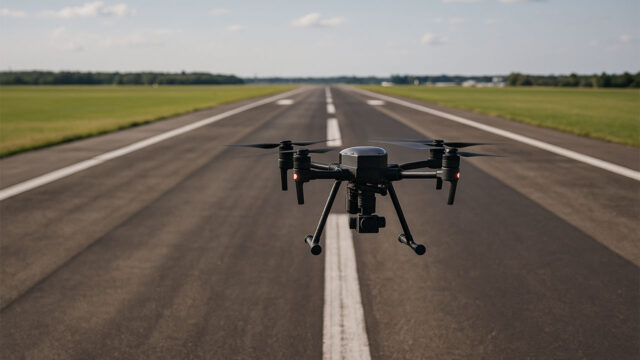 Drone flying over an airfield path