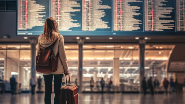 Passenger standing in front of an airport departures board