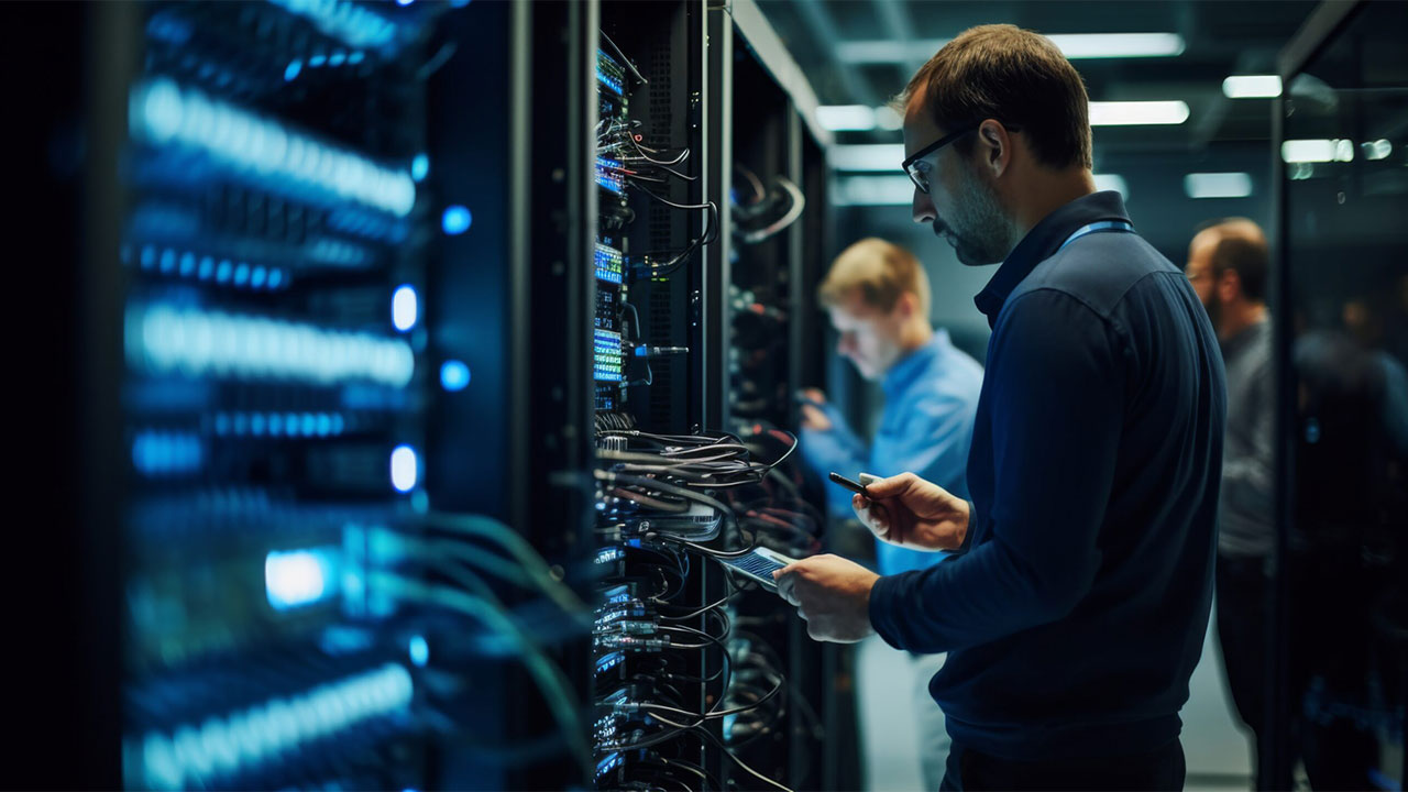 Engineers inspect computer servers in a data center