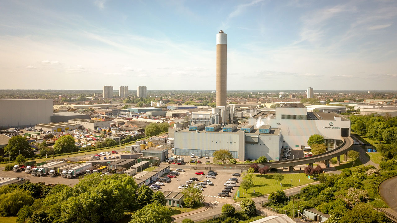 Aerial view of the London Energy EcoPark waste-to-energy power station in Edmonton, North London