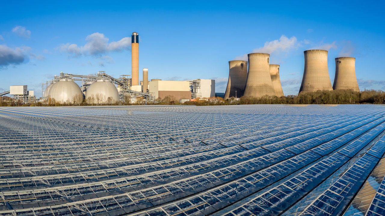 An aerial view of Drax Power Station and the greenhouses that grow salad and vegetables from the excess heat that the power station uses