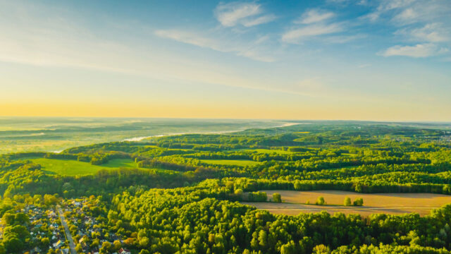 Aerial view of a forest, fields, and a river in the distance with a blue sky